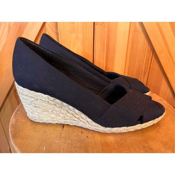 Chaps Heels Womens 8.5 Dakoda Slip On Peep Toe Espadrille Wedge Black Fabric - Picture 3 of 6